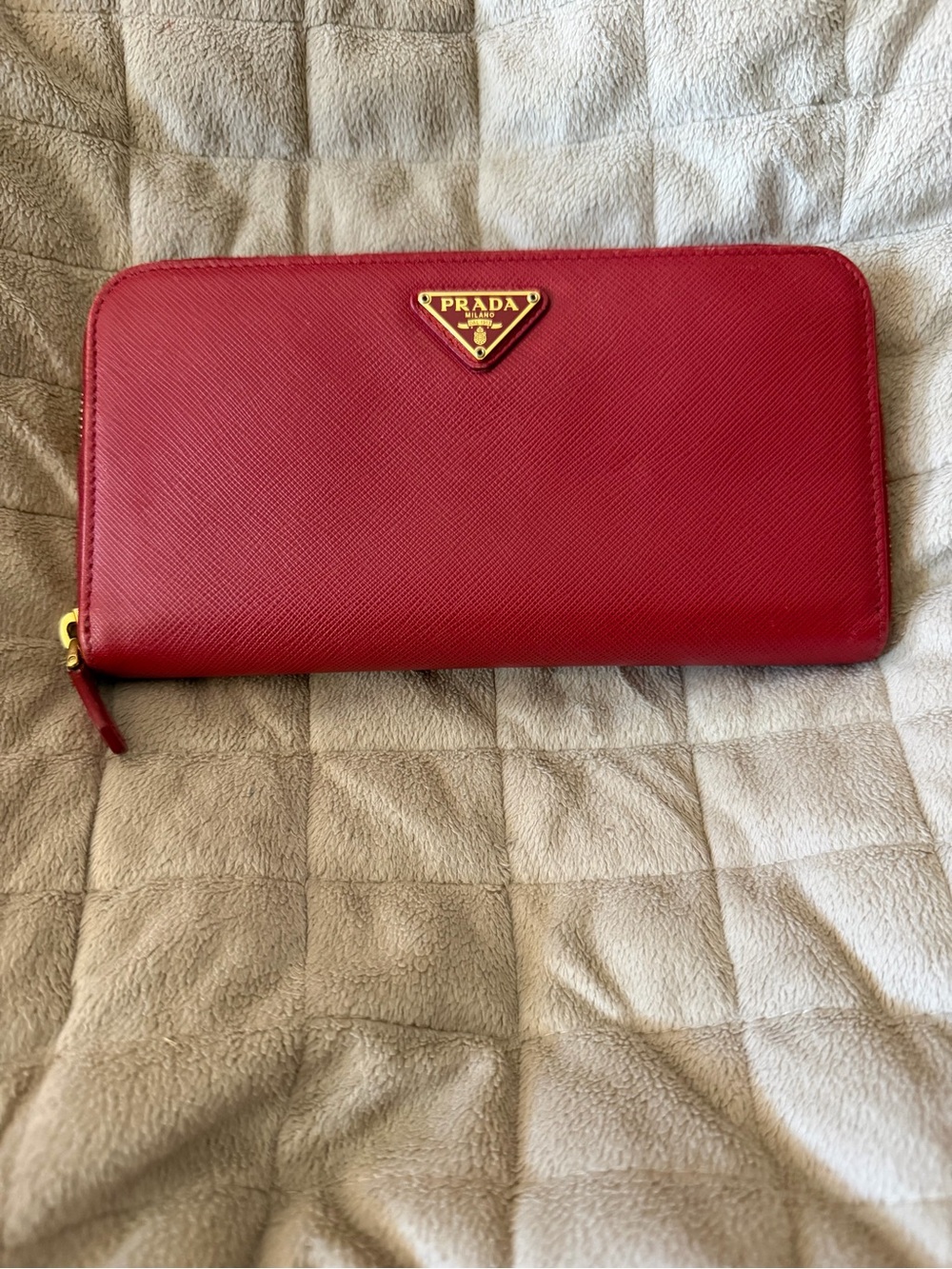 PRADA Red Saffiano Leather Long Zip Around Wallet w/ Classic Gold Triangle Logo